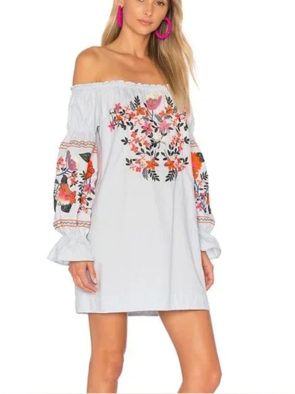 Free People Fleur Du Jour Embroidered Peasant Mini Dress Boho Floral Tunic L - Picture 3 of 16